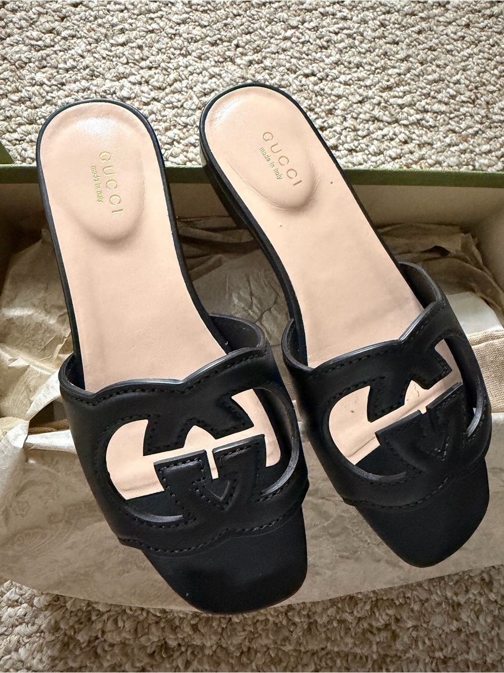 Gucci Black Leather GG Cutout Slide Mules
